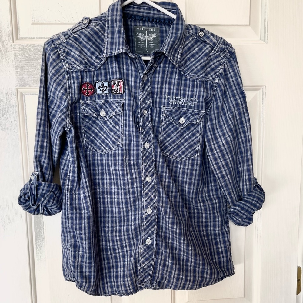 Filter Ltd City of Angels Men’s Plaid Button Down Roll Tab Sleeve Shirt Small